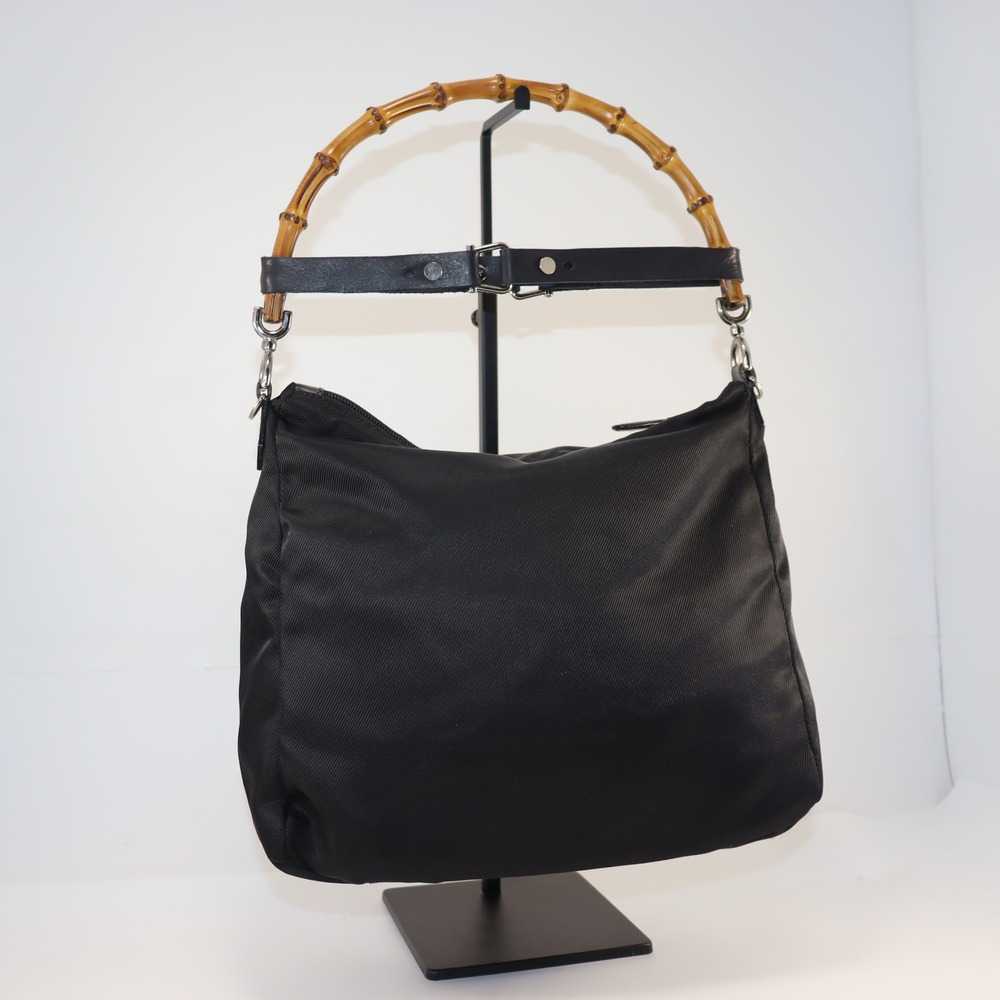 Gucci Bamboo Handle Bag Womens Medium Black Nylon Vintage Designer Purse - Picture 2 of 6